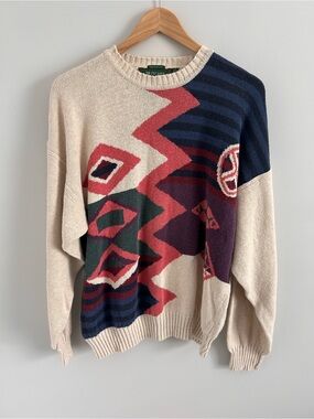 Vintage Britches Aztec Print Linen Cotton Knit Sweater, Size Large